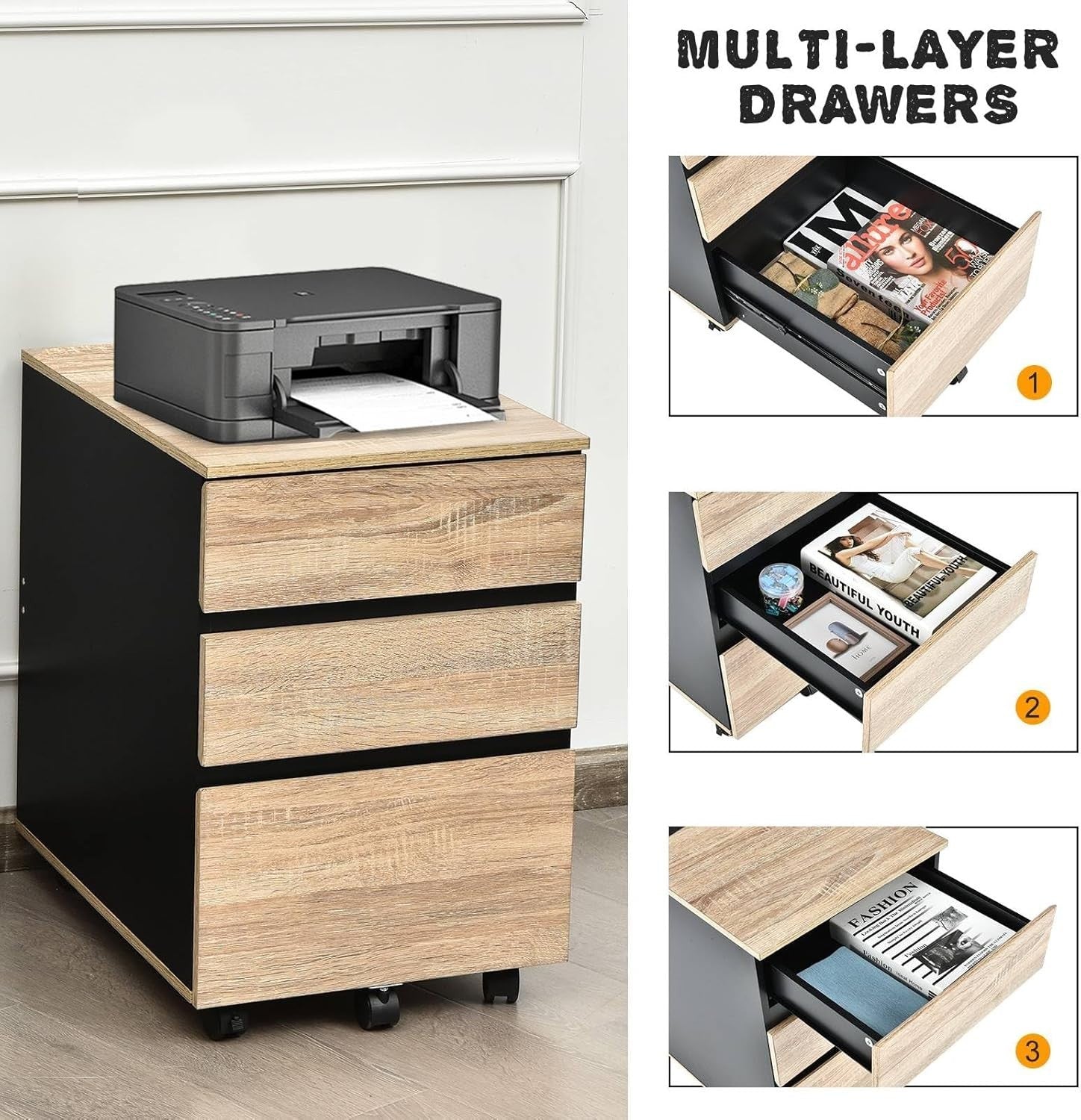 Lockable 3 Drawer Mobile Filing Cabinet Under Desk Office Storage Black