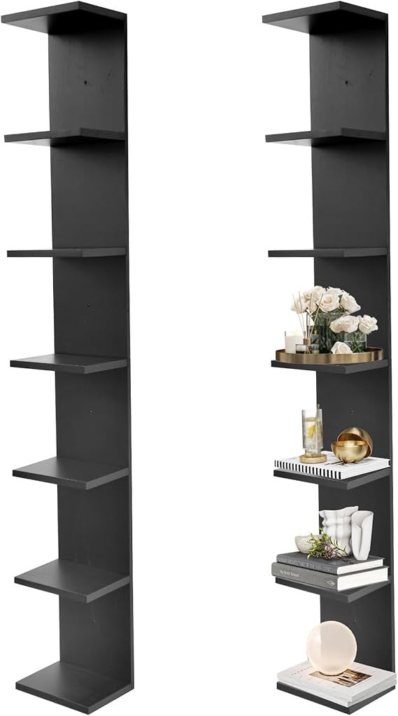 7-Tier Wall Mounted Shelf Slim Vertical Display Unit Tall Book Storage Rack