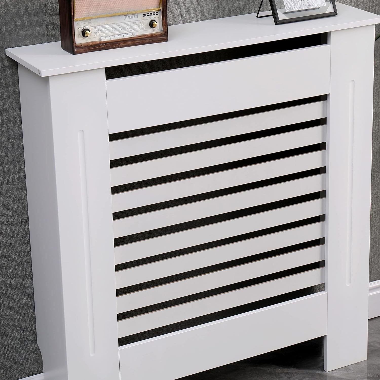 White MDF Radiator Cover | Modern Horizontal Slat Cabinet – Small, Stylish