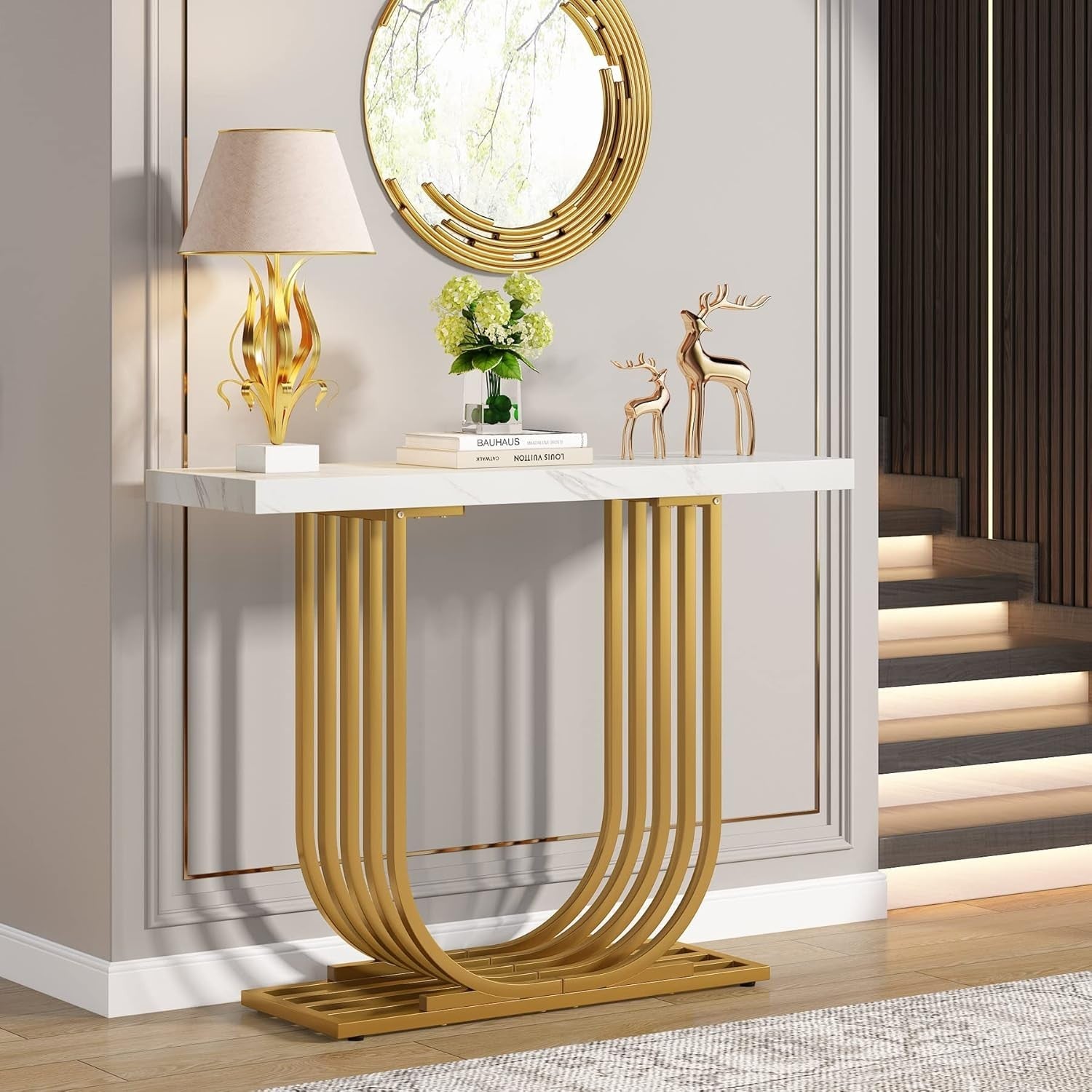 Modern Gold Console Table Faux Marble Top 100x30x82cm Hallway Foyer Desk