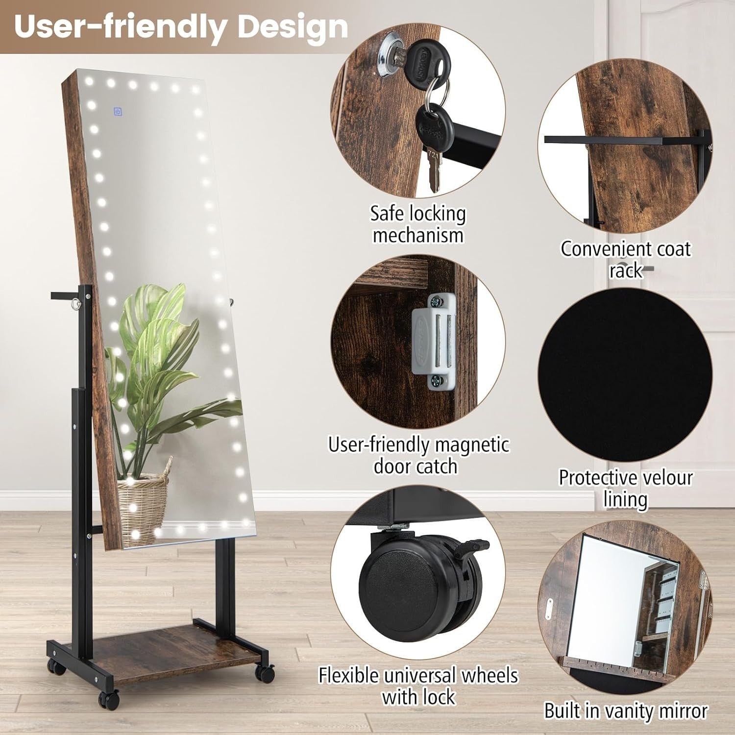 Rustic Brown LED Jewellery Cabinet Lockable Full Length Mirror Mobile