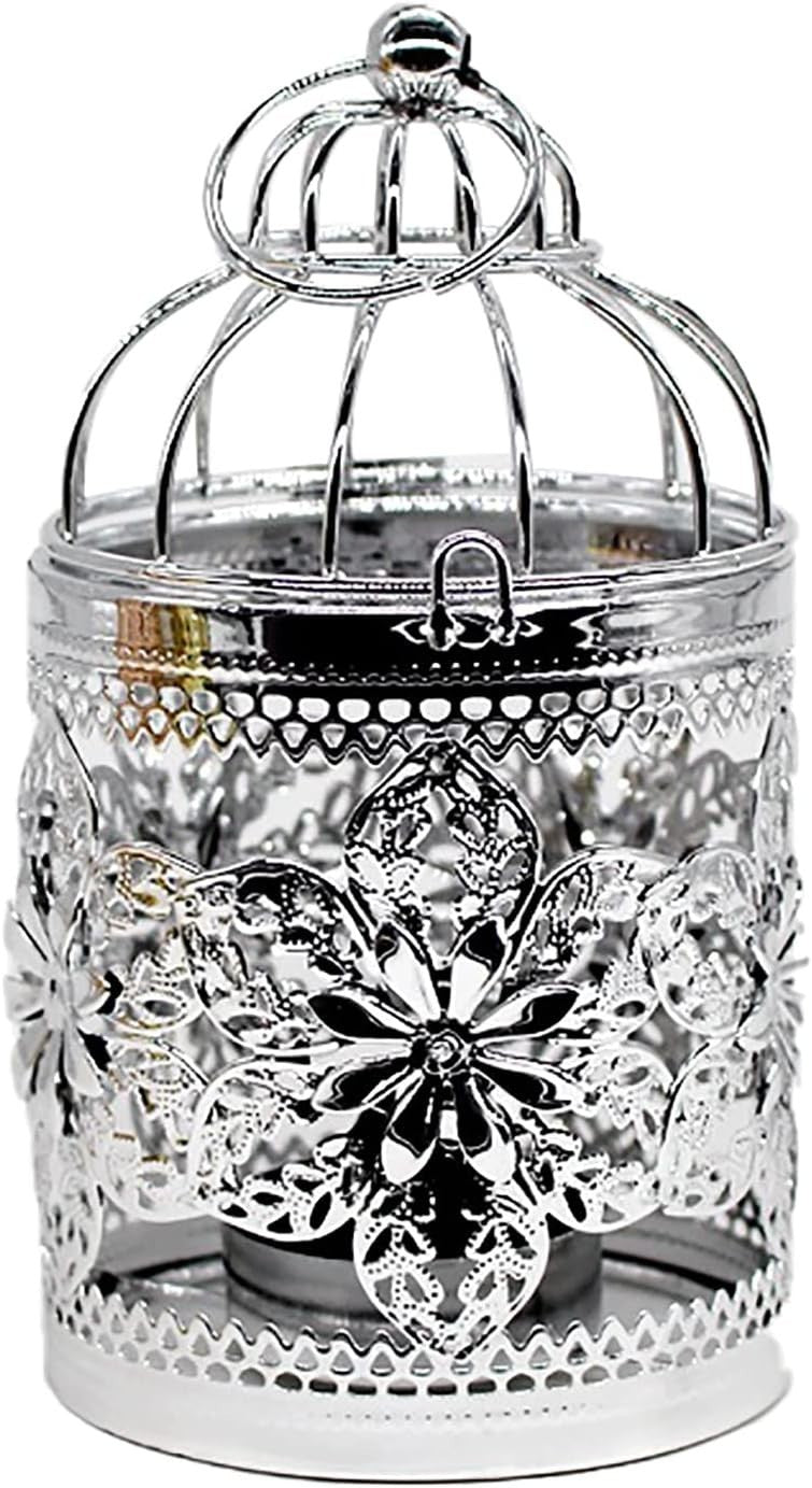 Decorative Hanging Lantern – Bird Cage Metal Candle Holder (C Silver)