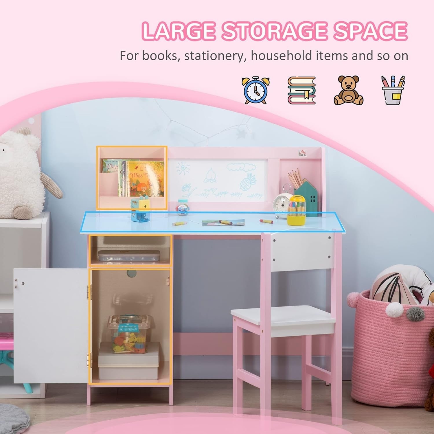 Kids Desk and Chair Set with Storage Whiteboard Study Table Furniture Pink