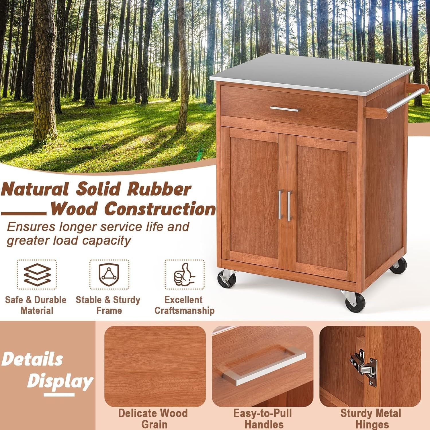 Kitchen Storage Trolley with Stainless Steel Top, Rolling Cart, Adjustable.