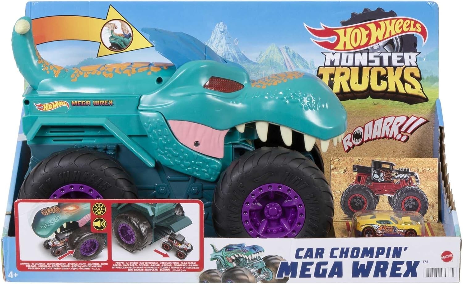 Monster Trucks Car Chompin' Mega Wrex Toy with Lights, Sounds & 1 Car