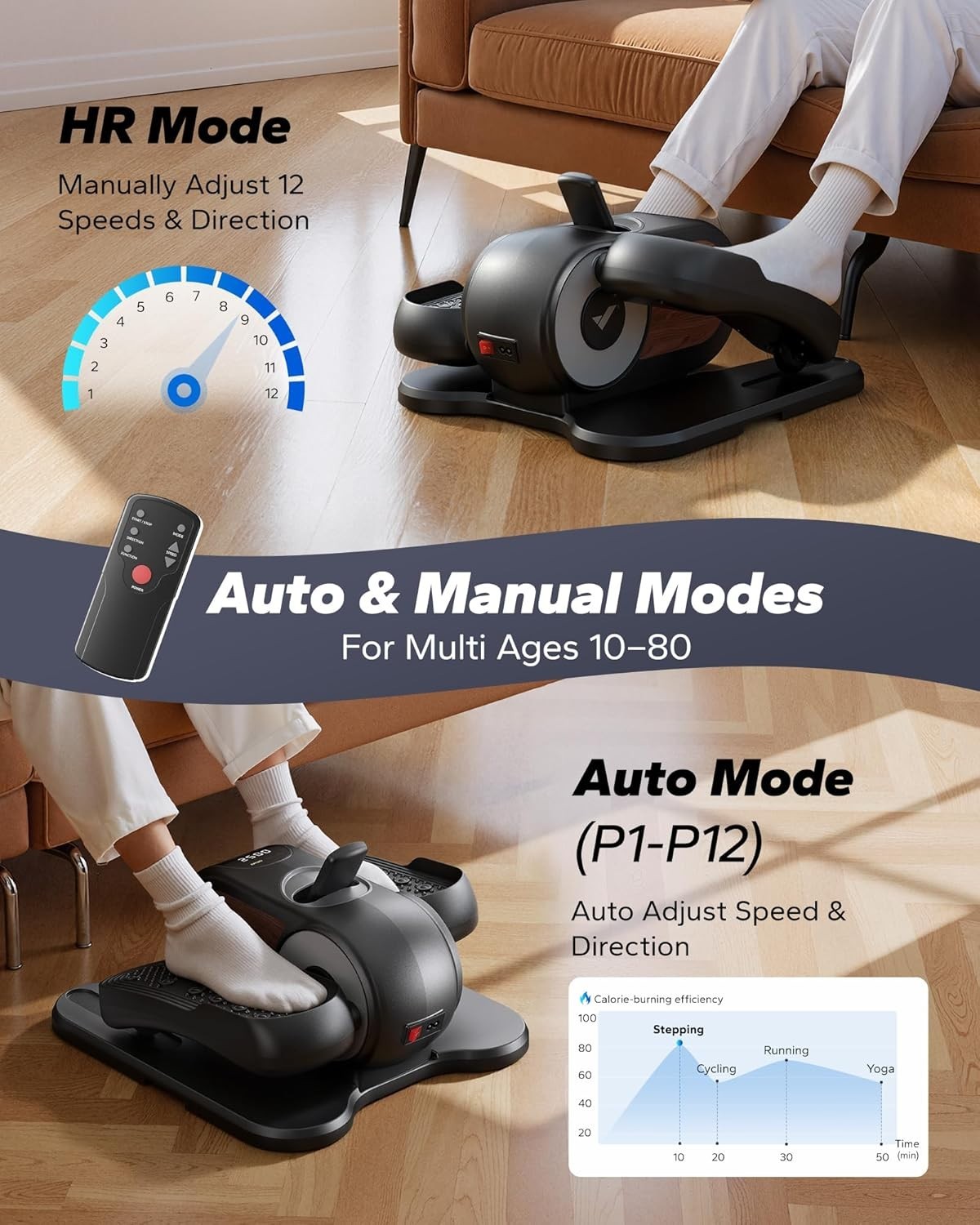 Under Desk Elliptical, 12-Speed Seated Pedal Exerciser, Quiet, Portable