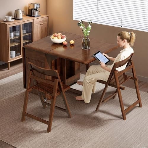 Space-Saving Folding Drop Leaf Dining Table with 6 Chairs Walnut Set
