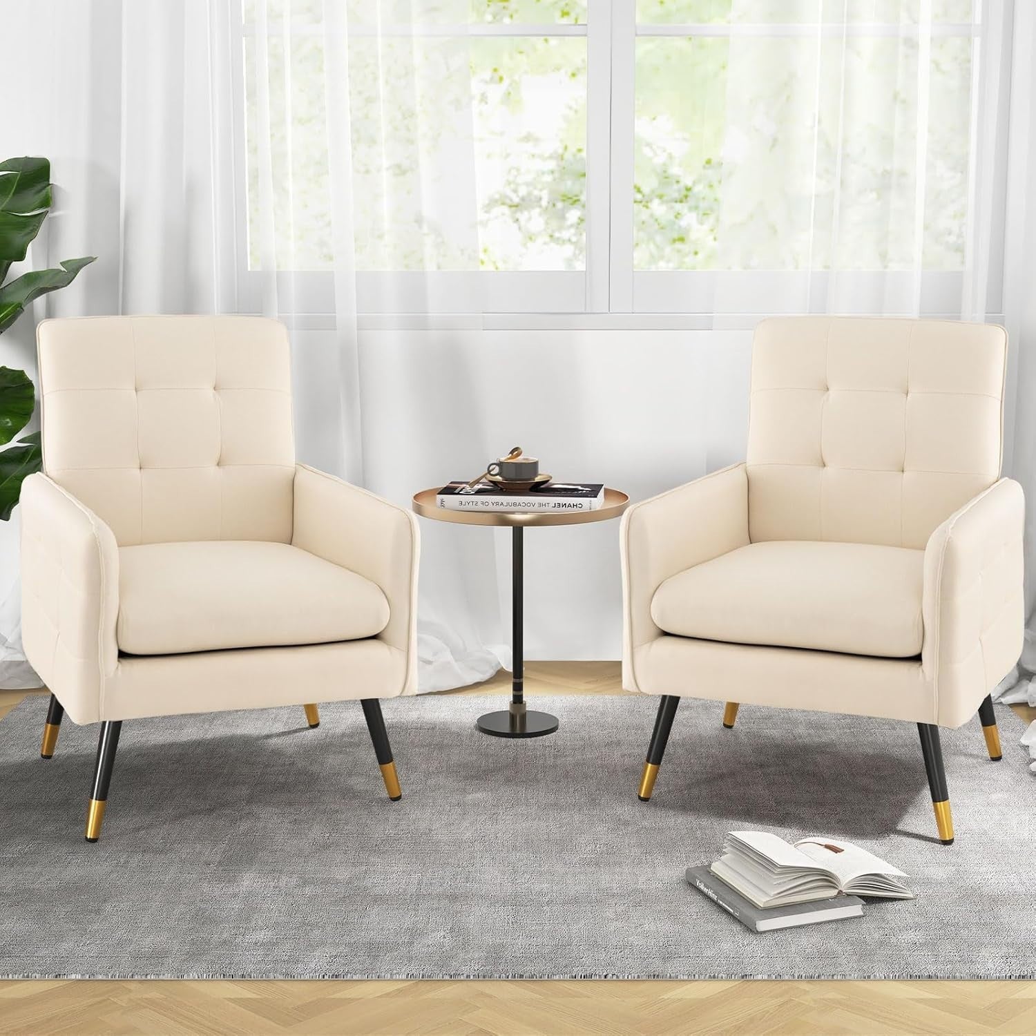 Comfy Modern Tufted Armchair, Linen Upholstered Accent Chair with Metal Legs