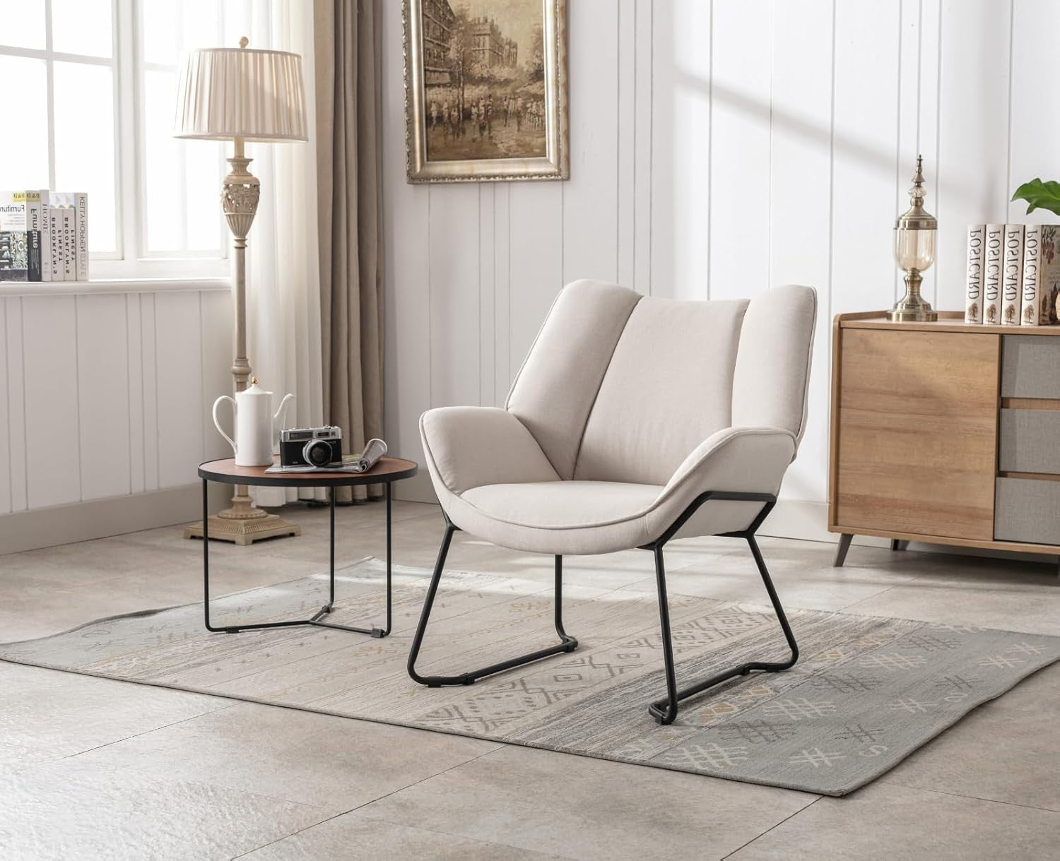 Modern Linen Accent Chair Metal Legs | Comfy Armchair for Bedroom Lounge