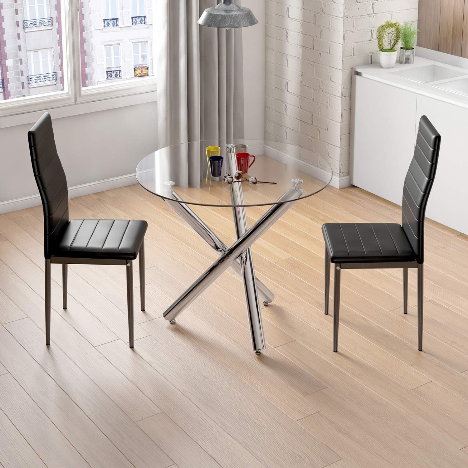 90cm Round Glass Dining Table Set with 2 Black Faux PU Leather Chairs
