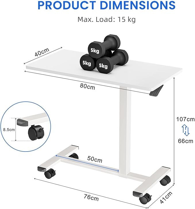 Overbed Laptop Table Height Adjustable C Shaped Desk on Wheels 80x40cm White
