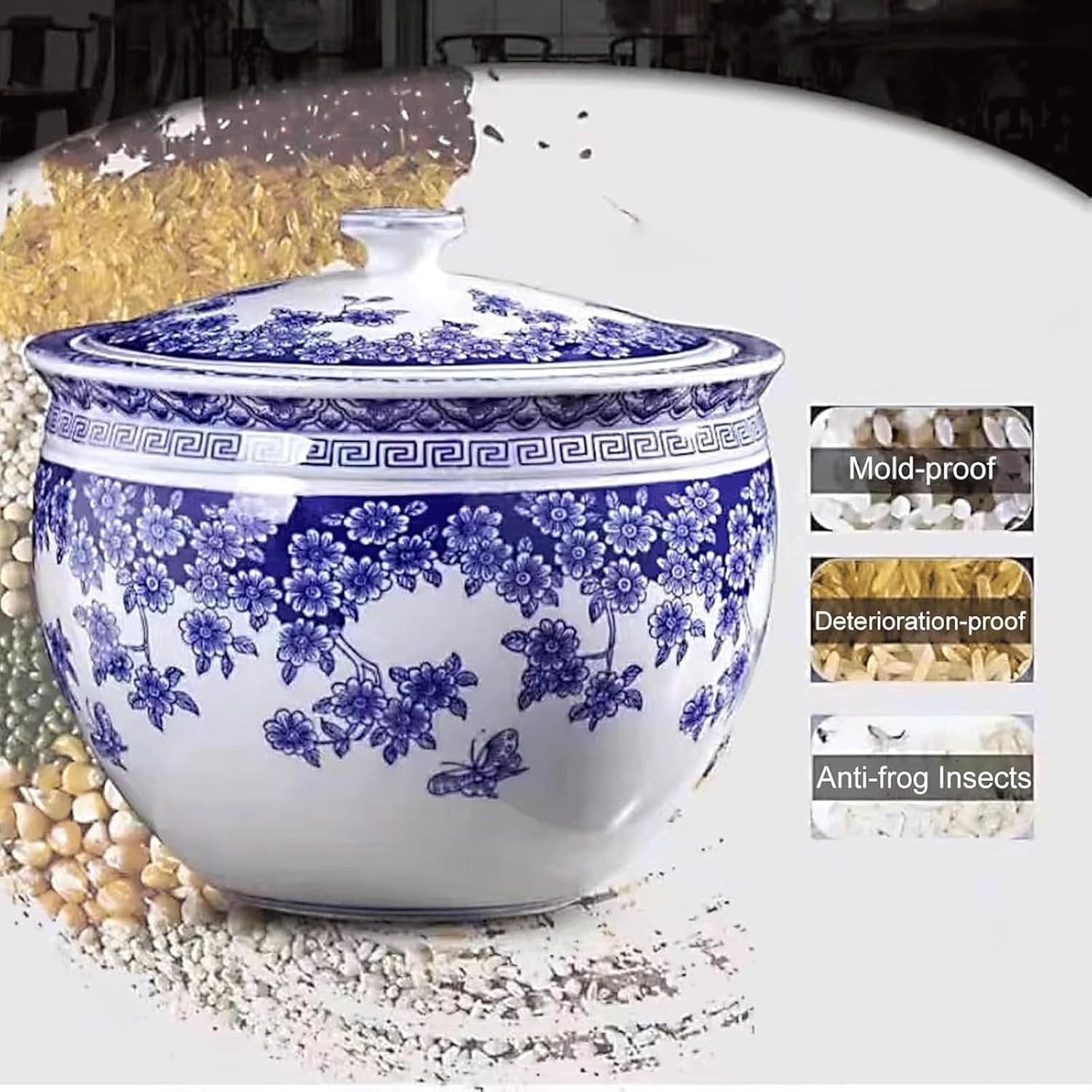 Blue Ceramic Rice Storage Jar Airtight Grain Container with Lid