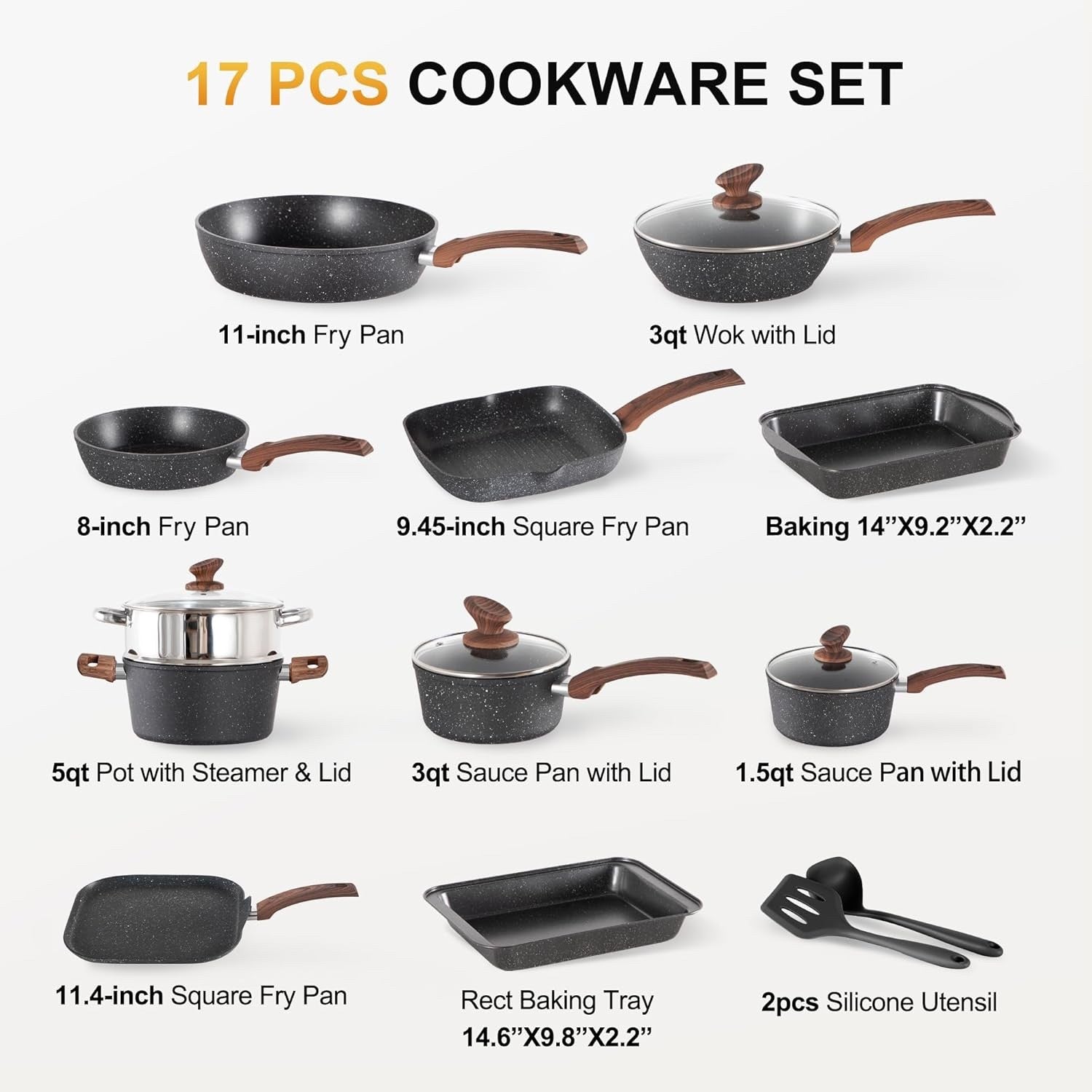 17pcs Granite Non-Stick Cookware Set Induction Pots & Pans with Lids Black