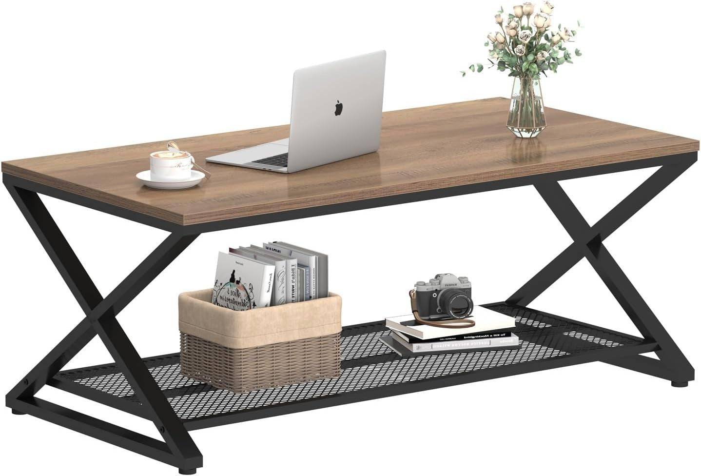 Rustic Oak Industrial Coffee Table with Mesh Shelf – 2 Tier Wooden Living Room