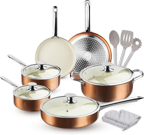6pc Ceramic Non Stick Cookware Set Induction Oven Safe Pots Pans Rose Gold