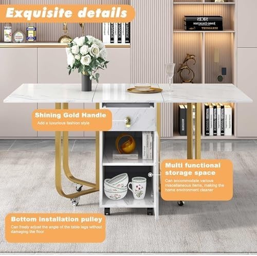 Folding Drop Leaf Dining Table with Cupboard & Drawers Space Saving 150cm White
