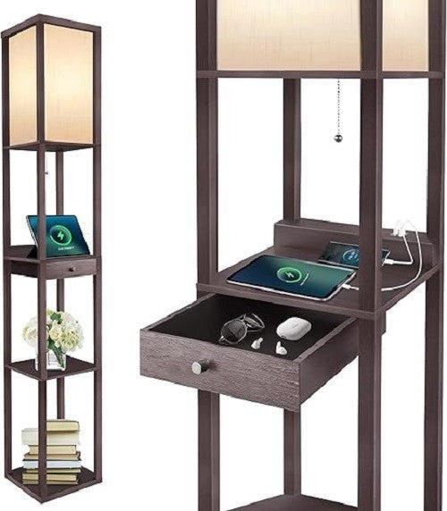 Floor Lamp with Drawer Shelves USB C Dimmable LED Wooden Standing Light