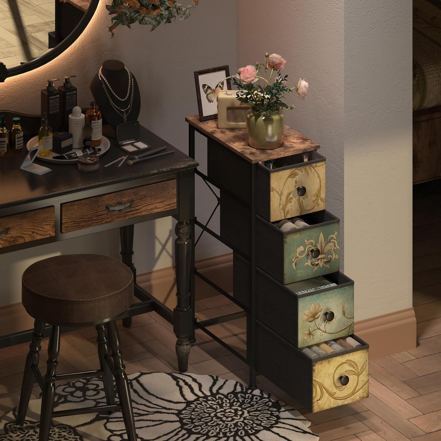Slim Tall 4 Drawer Rustic Storage Cabinet Unit for Hallway Bedroom