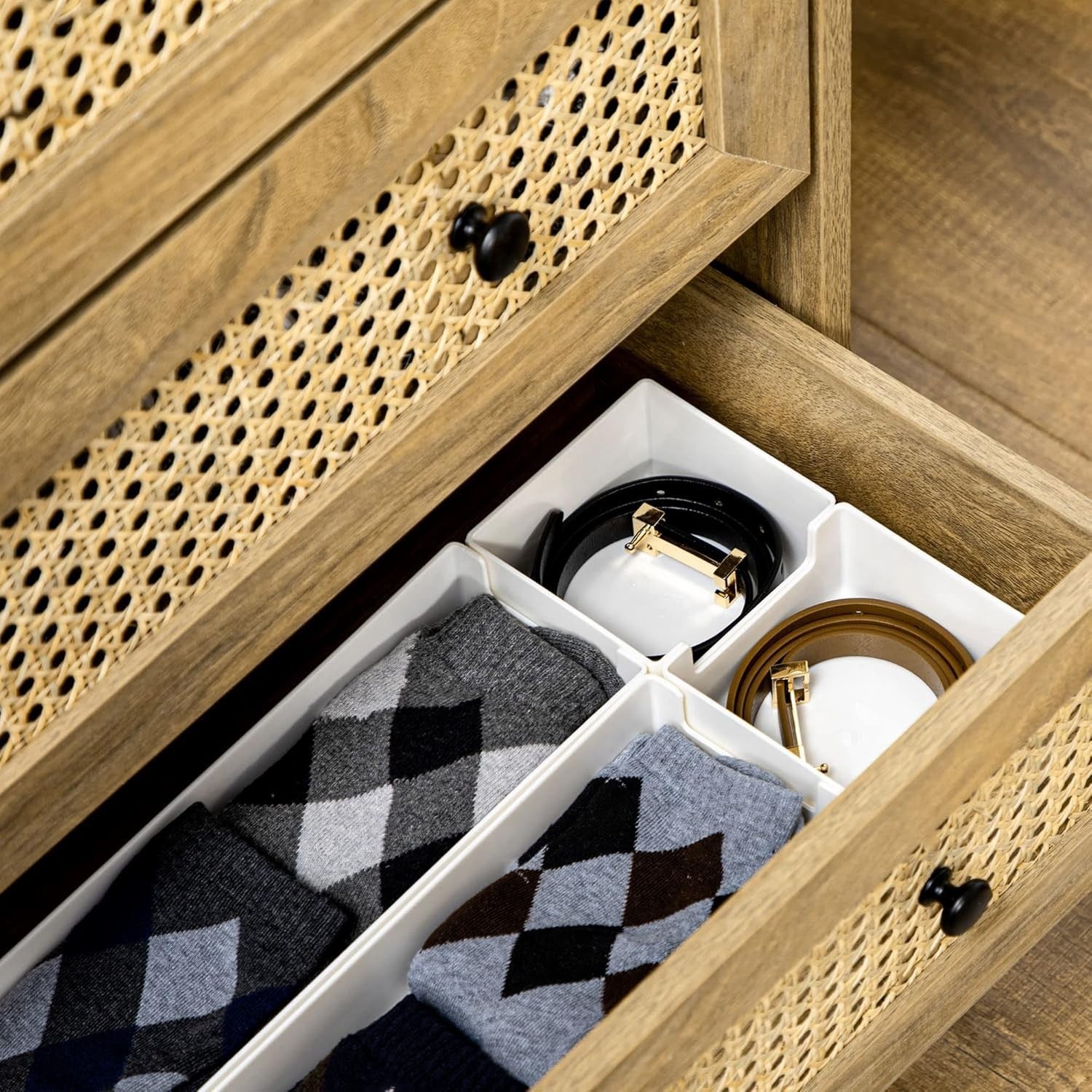 Rustic 4-Drawer Storage Chest with Rattan Panels Bedroom Organizer Unit