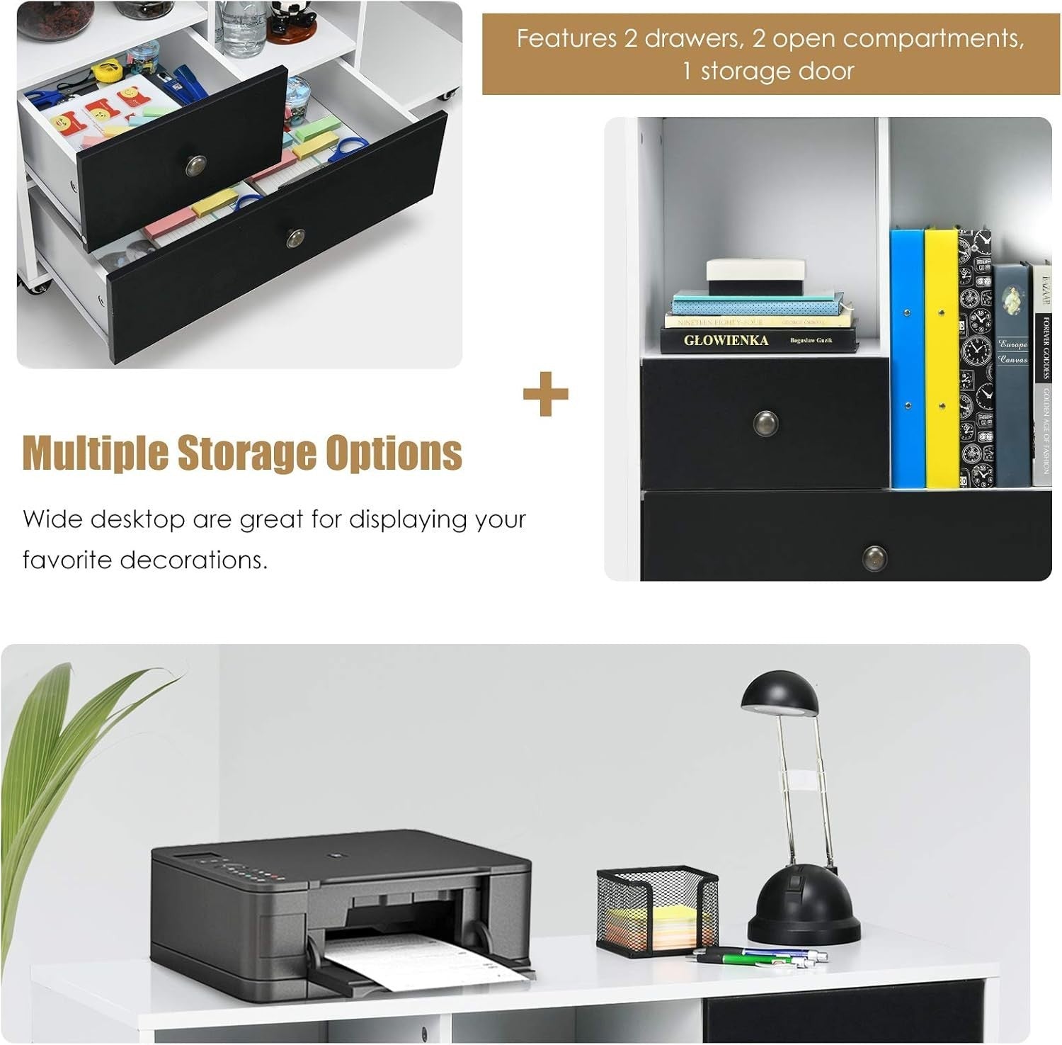 White Black Mobile File Cabinet 90cm Printer Stand Storage Unit