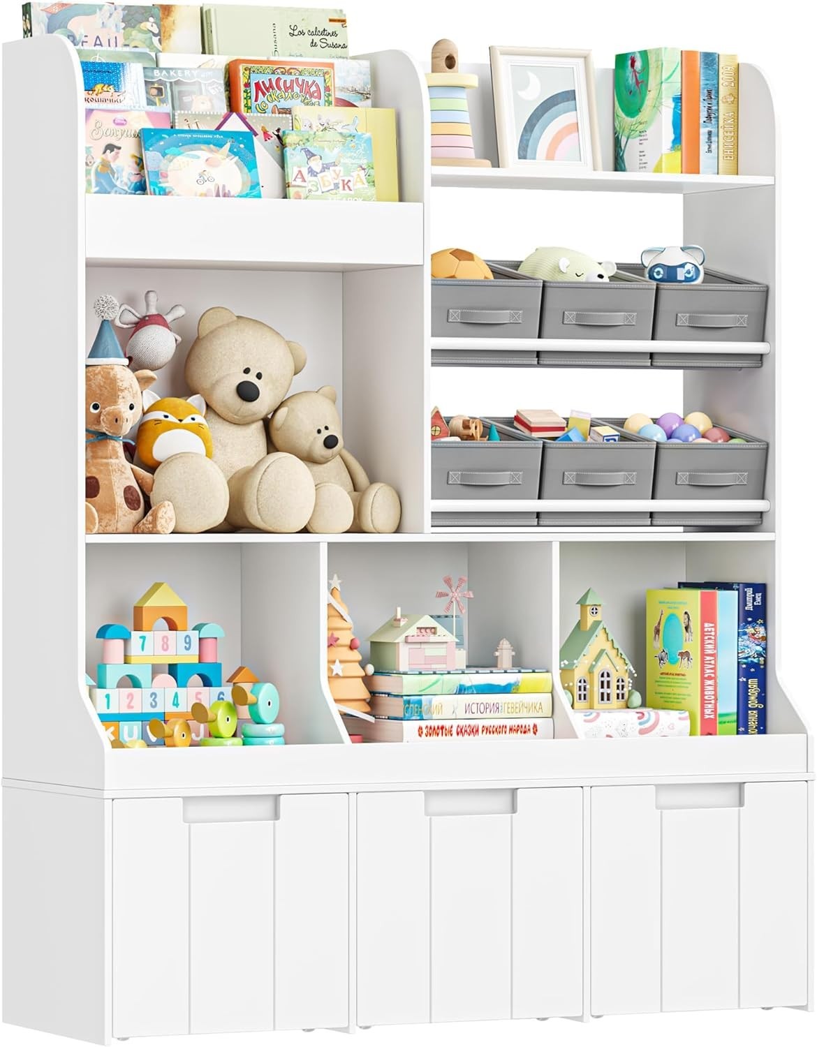 Kids Toy Storage Unit Bookcase Organizer w/ Bins Drawers Wheels Nursery White