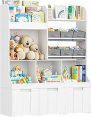 Kids Toy Storage Unit Bookcase Organizer w/ Bins Drawers Wheels Nursery White