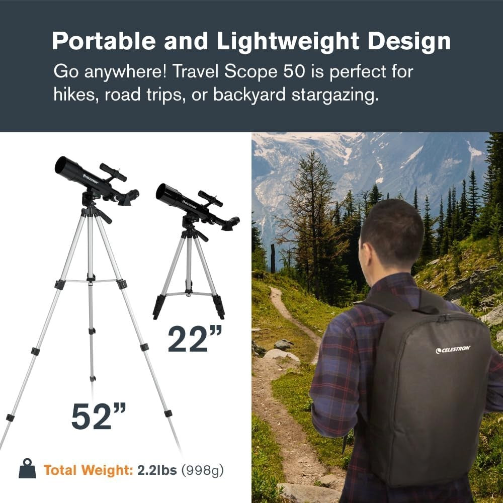 50mm Travel Scope, Portable Refractor with Tripod & Backpack-Black