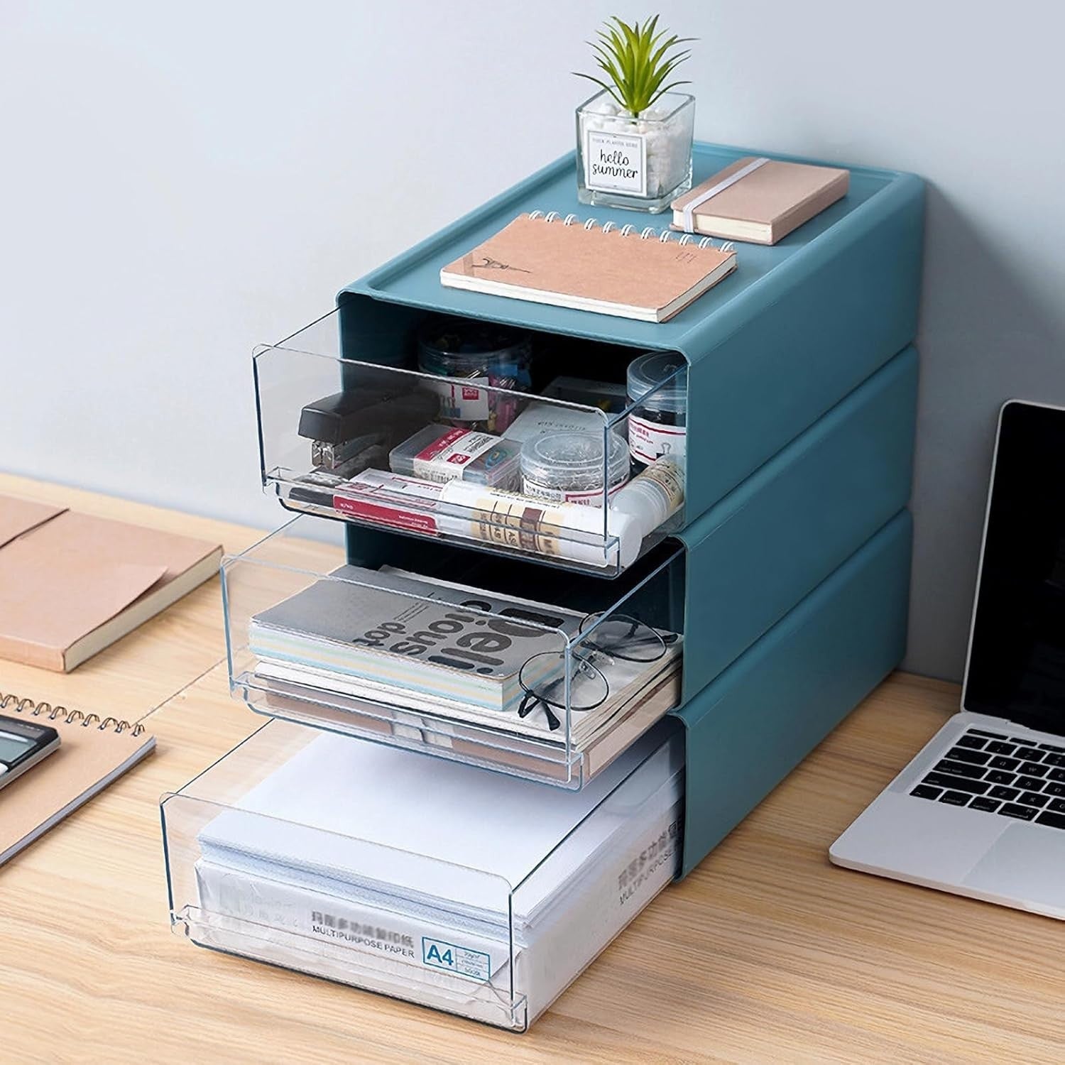 A4 Desk Drawer Organiser 2-Pack – Stackable Office Storage Box Blue