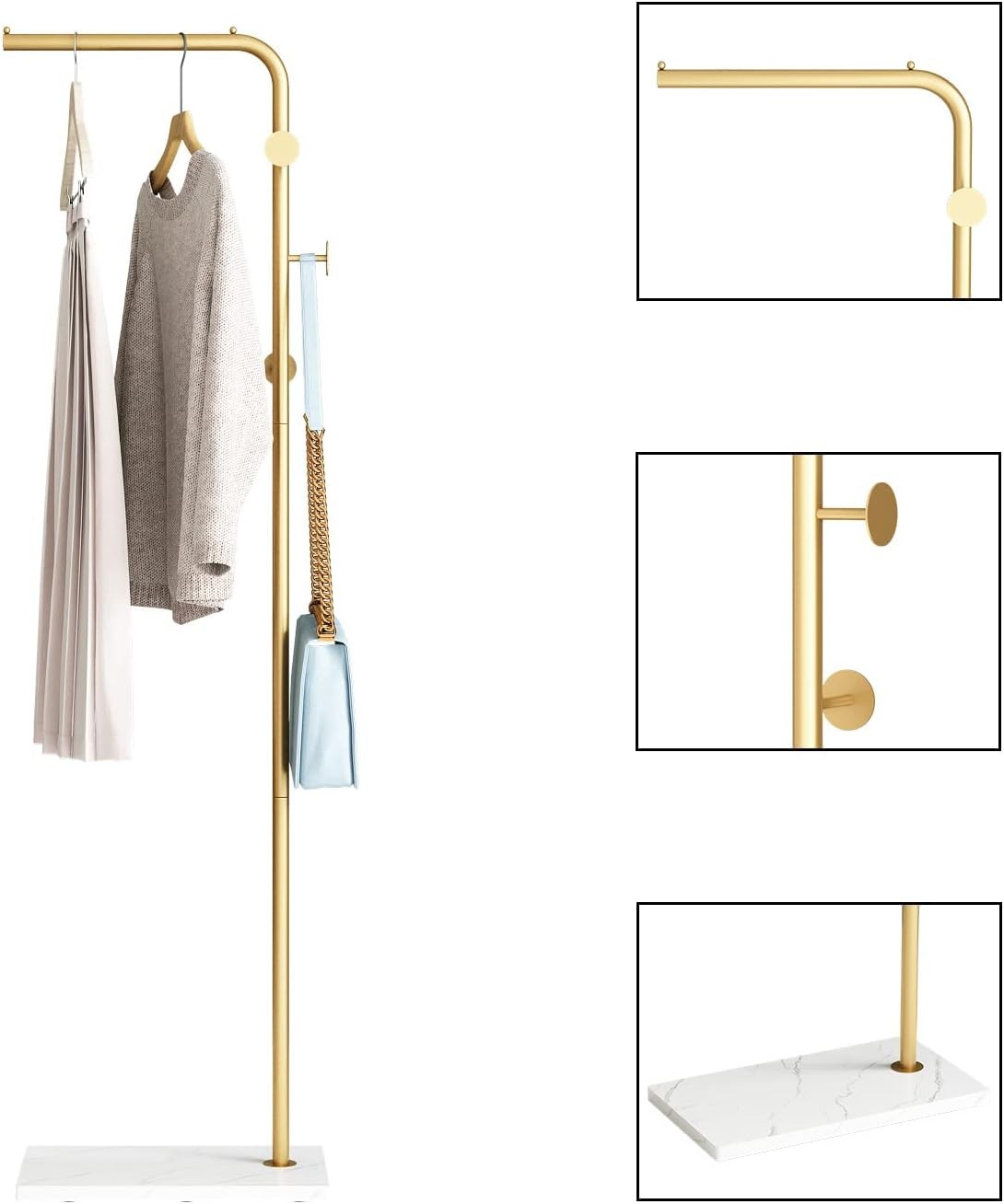 Gold Metal Coat Rack with White Base Freestanding 3 Hooks Modern Entryway Stand