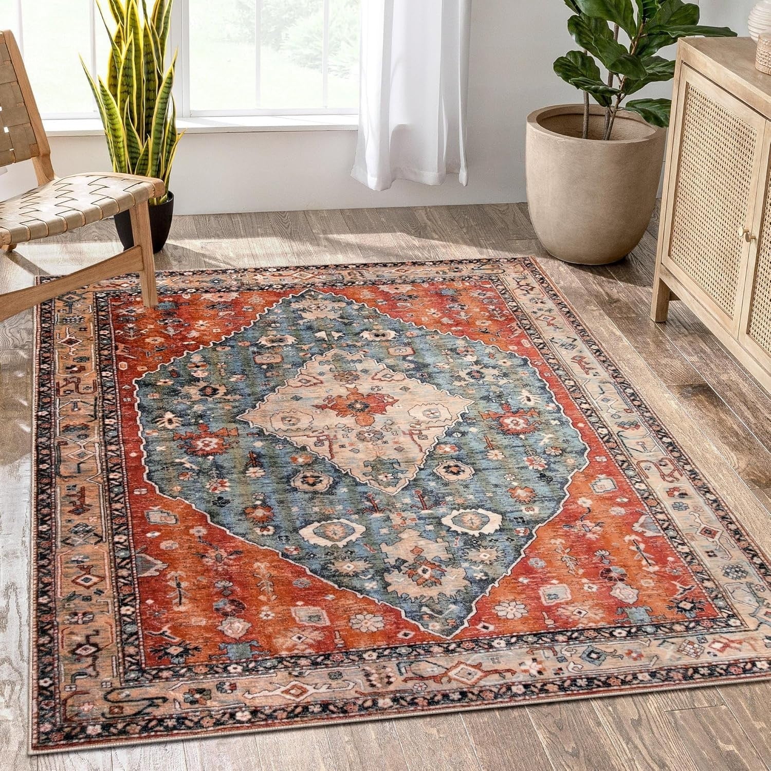 Vintage Boho Area Rug 150x210cm Washable Non Slip Short Pile Living Room