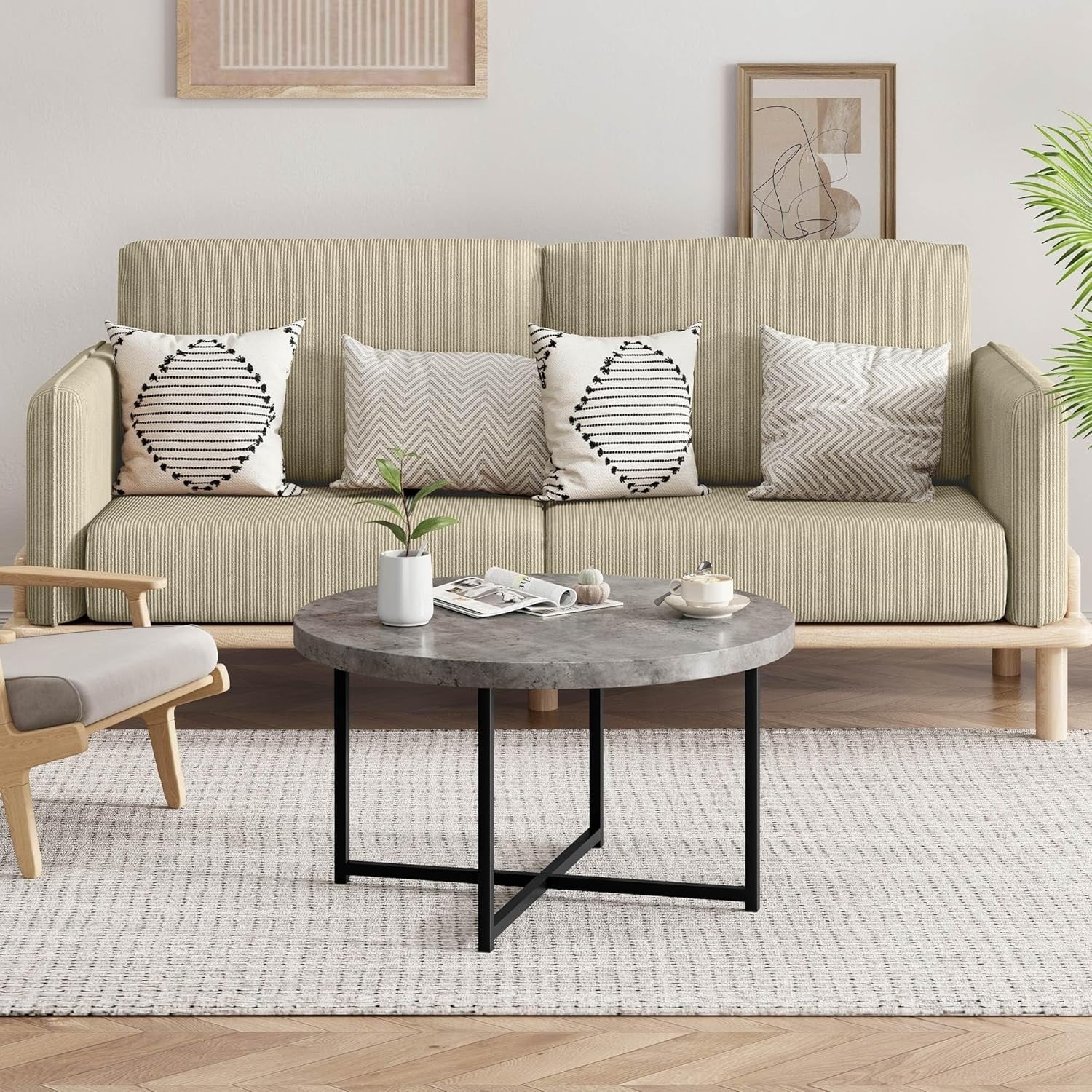 Round Grey Concrete Look Coffee Table 80cm Modern Metal Legs Lounge Table