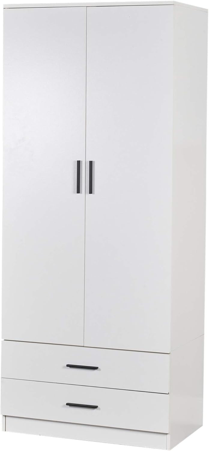 2 Door Wardrobe White Drawers Bedroom Storage Cabinet with Hanging Rail