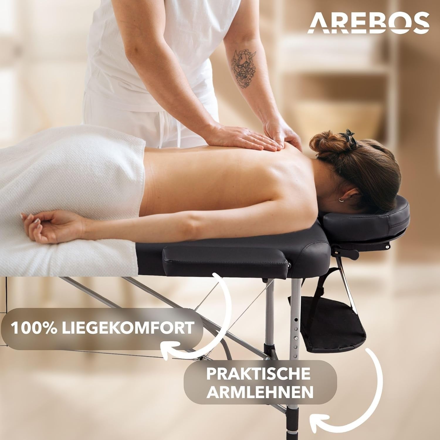 Arebos Portable Foldable Massage Table 3-Zone Height Adjustable Bed Black 60cm