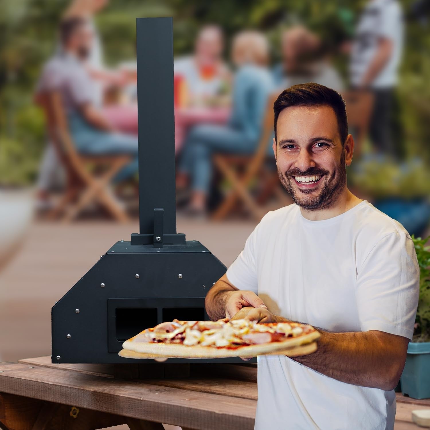 Outdoor Wood Fired Pizza Oven | Stainless Steel BBQ Grill with Stone & Thermomet