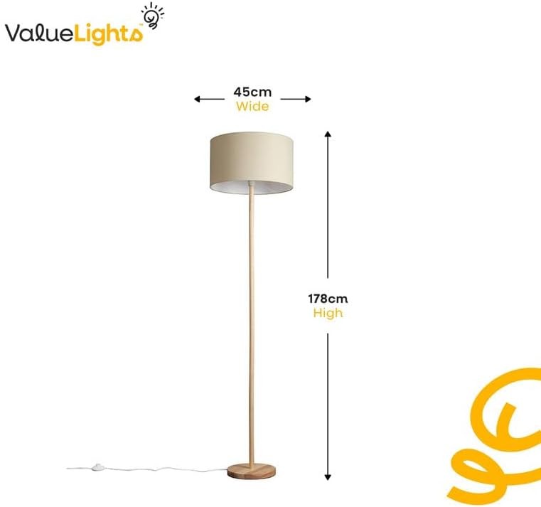 Scandi Wooden Floor Lamp Light Wood Stand Beige Drum Shade Modern Tall