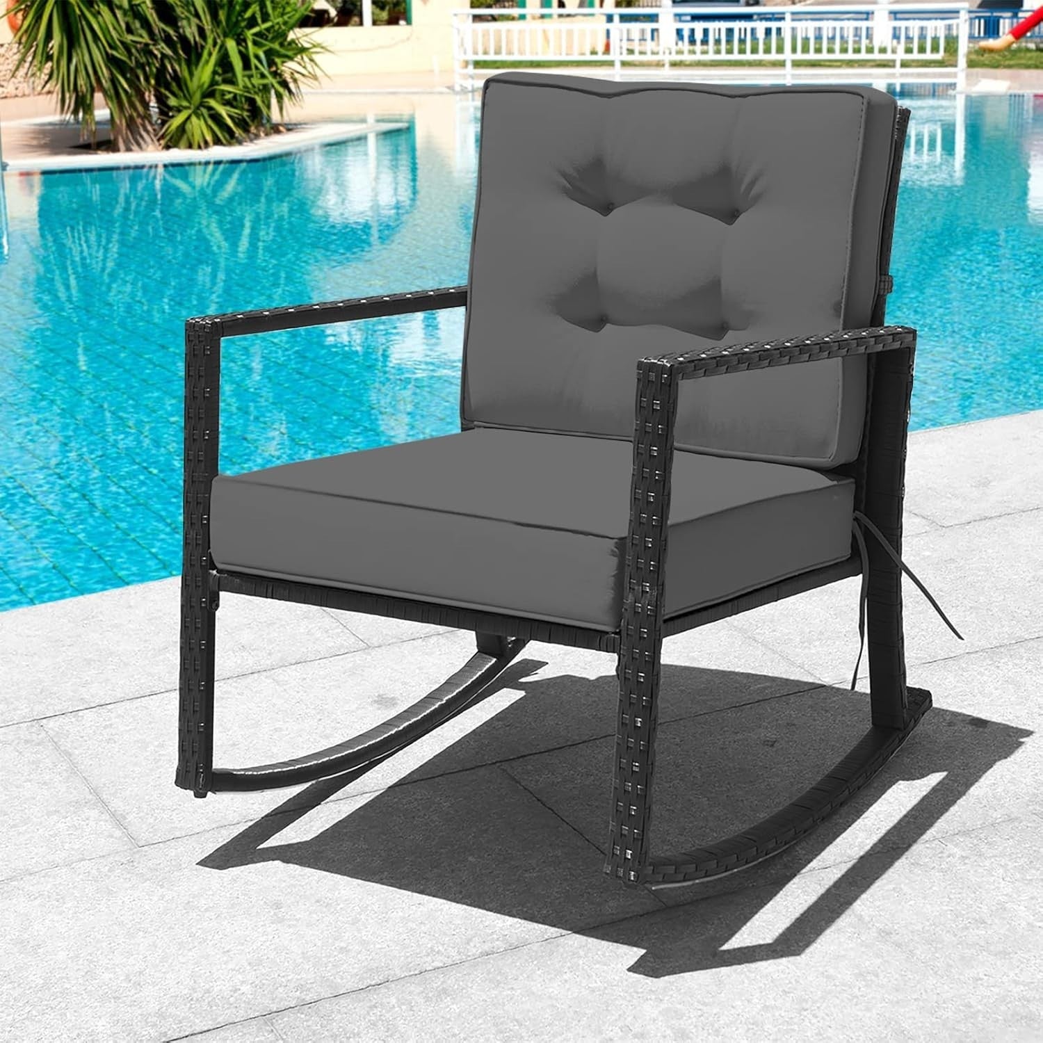 Grey Rattan Garden Rocking Chair with Cushions & Armrests Outdoor Seat
