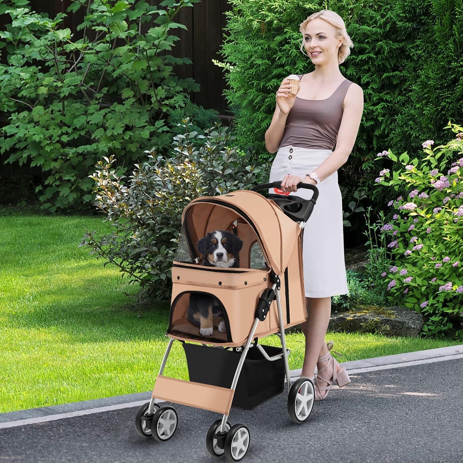 Pet Stroller Foldable Dog Cat Pushchair 4 Wheels Small Medium Pets up 15kg