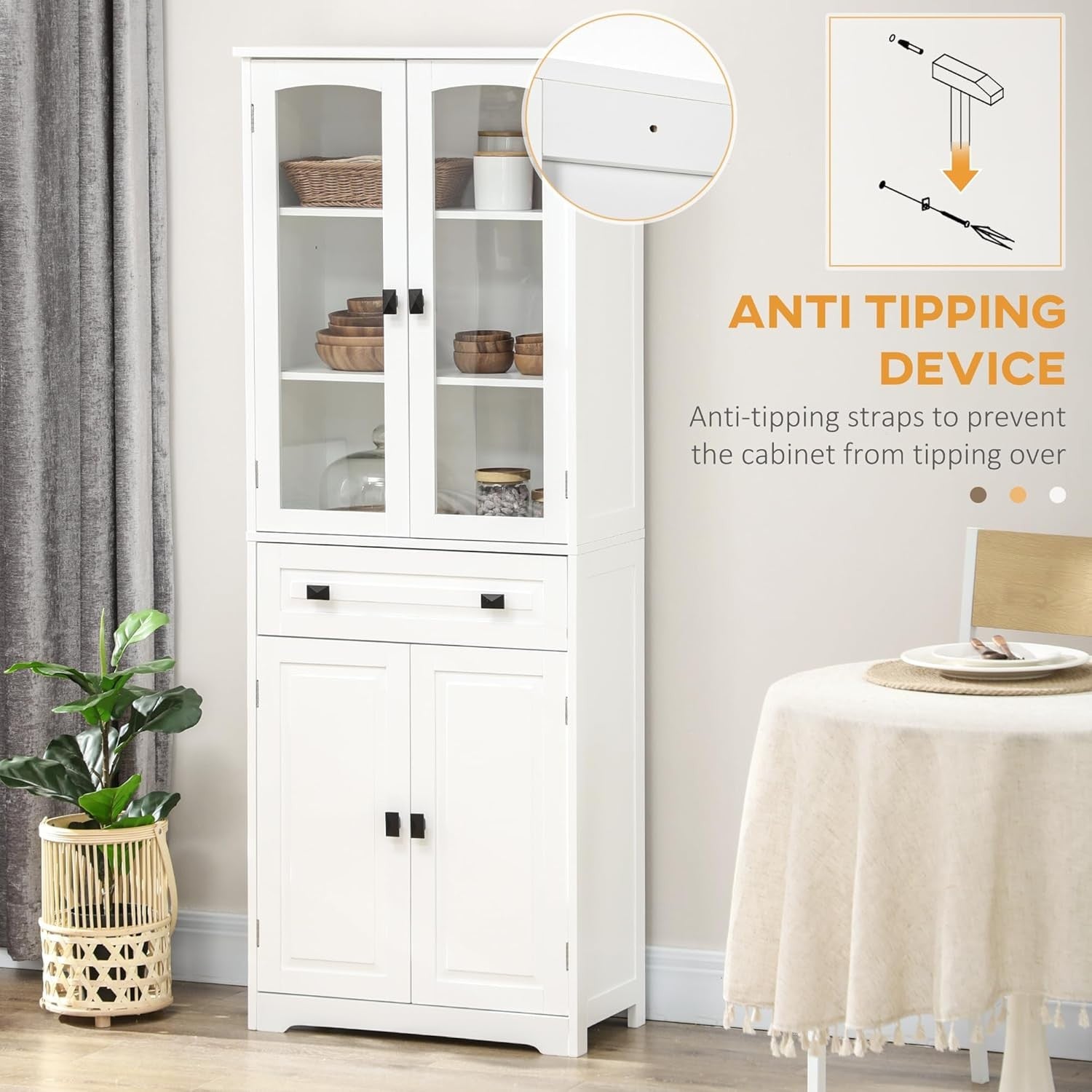 Tall White Kitchen Storage Cabinet Cupboard with Drawer & Glass Doors 160cm