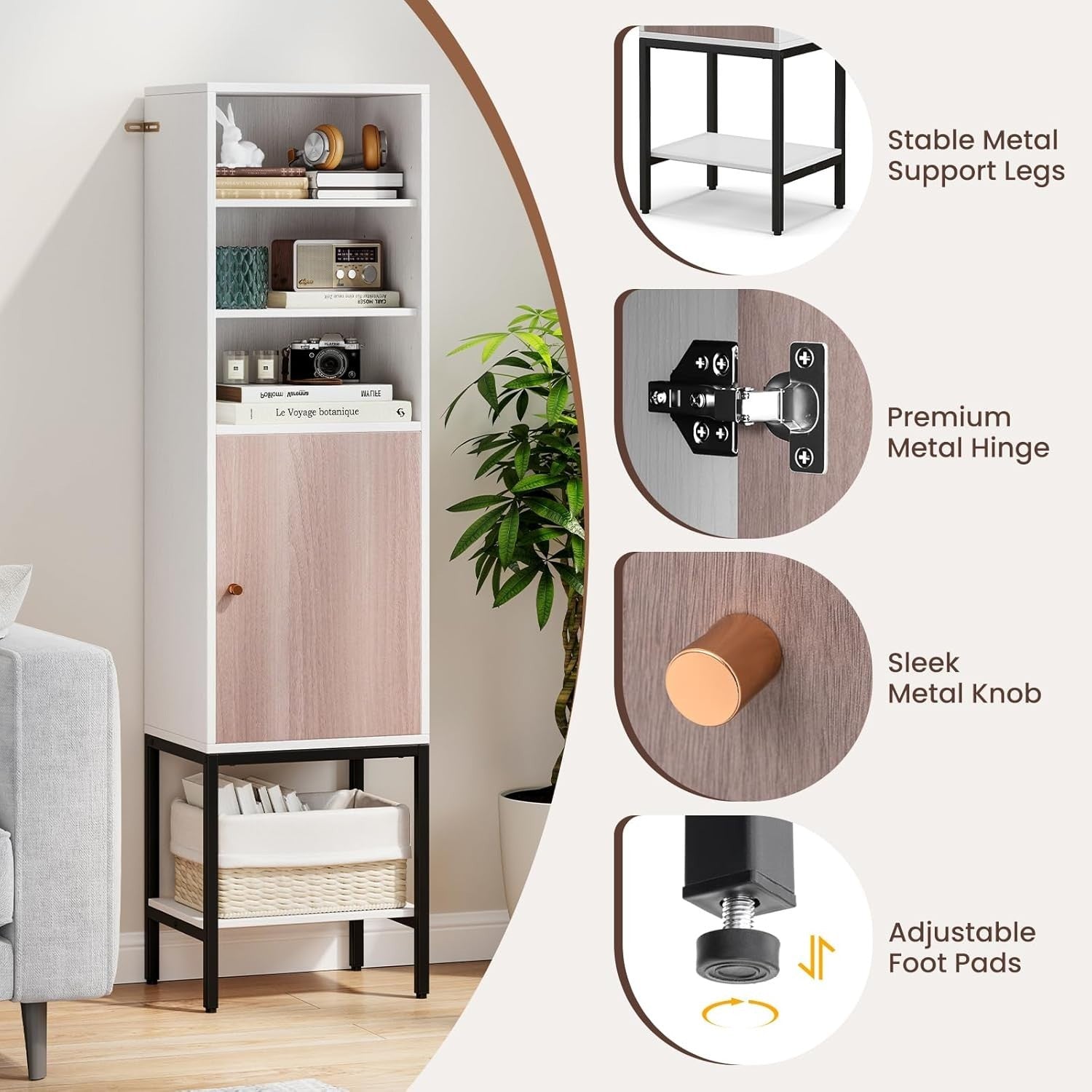 146cm Tall Wooden Storage Cabinet White Adjustable Shelves Slim Cupboard