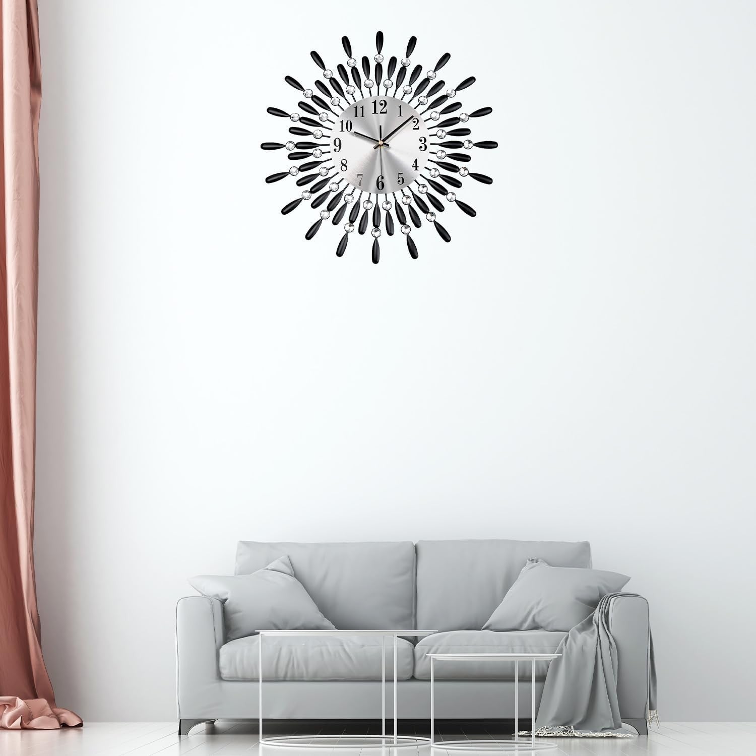 60cm Luxury Sunburst Wall Clock – Diamante Beaded Metal Design Black