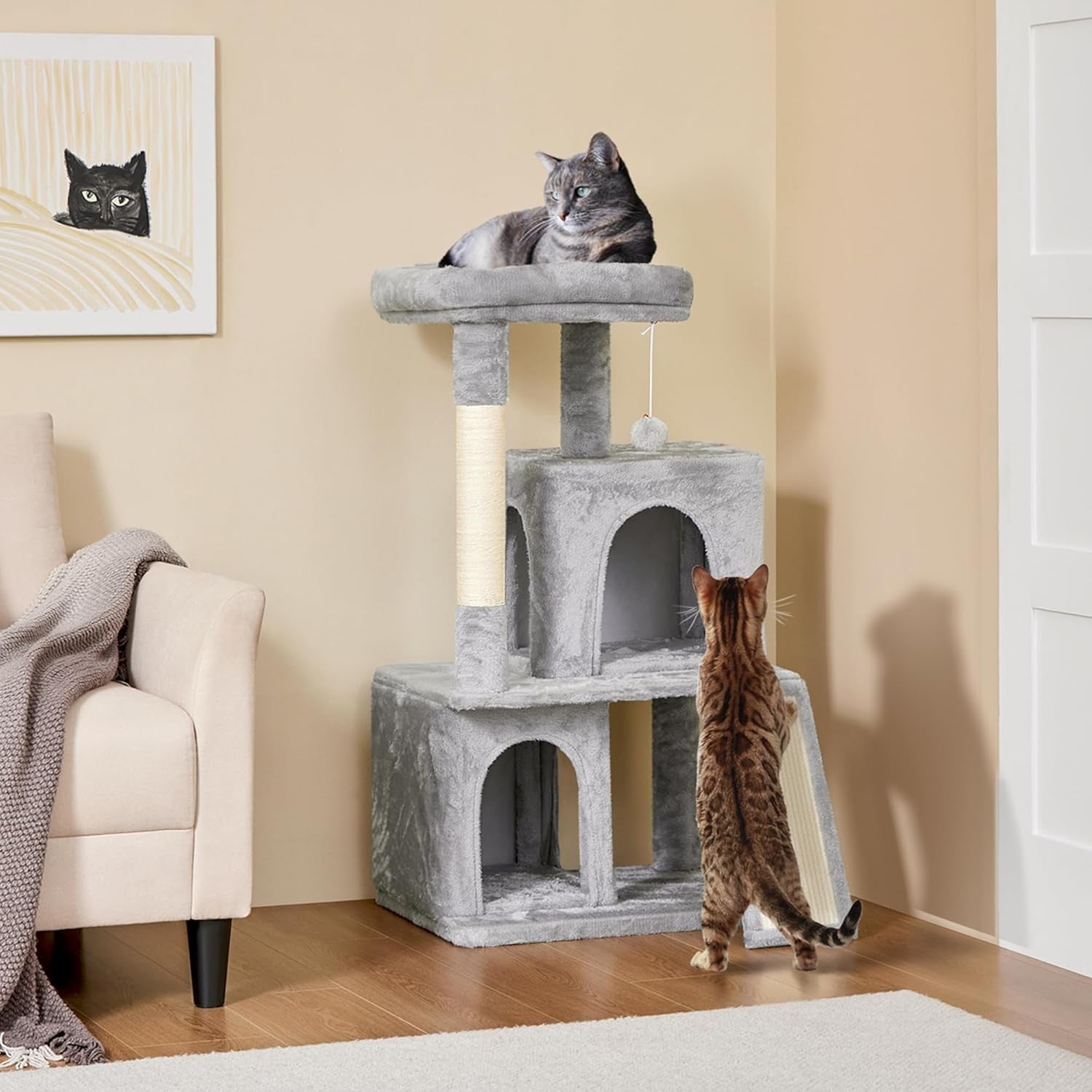 106cm Cat Tree Tower Multi Level Double Condo Scratching Post Light Grey