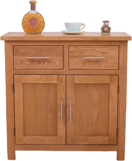 Small Solid  Natural Oak Sideboard Cabinet 2 Door 2 Drawer Hallway Storage Unit