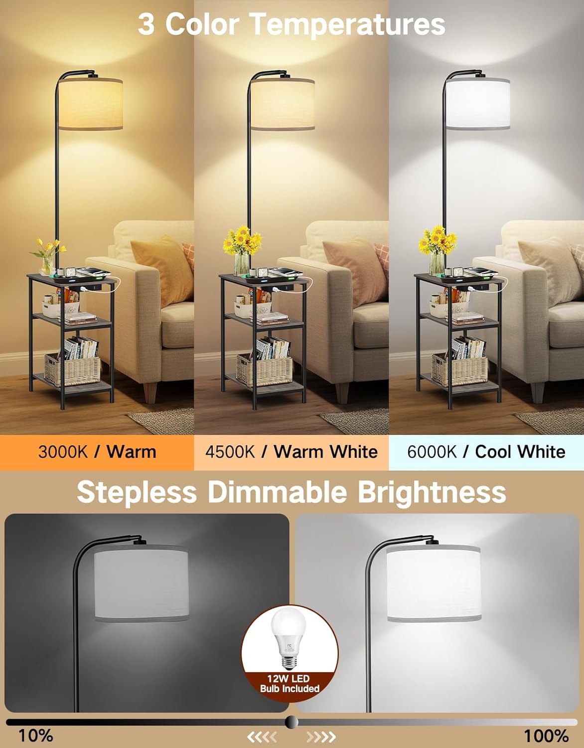 Floor Lamp with Table & Remote, Dimmable LED, USB Charging, Grey
