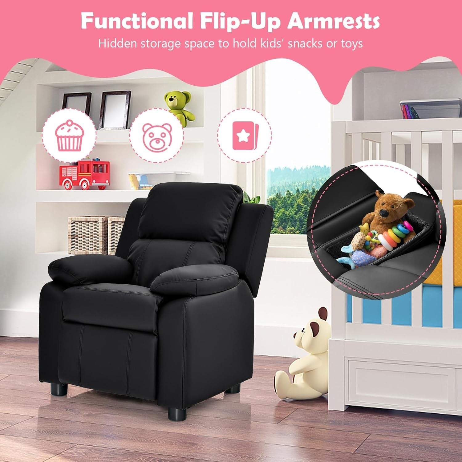 Kids Recliner Chair Adjustable Backrest & Footrest PU Leather with Storage Arms