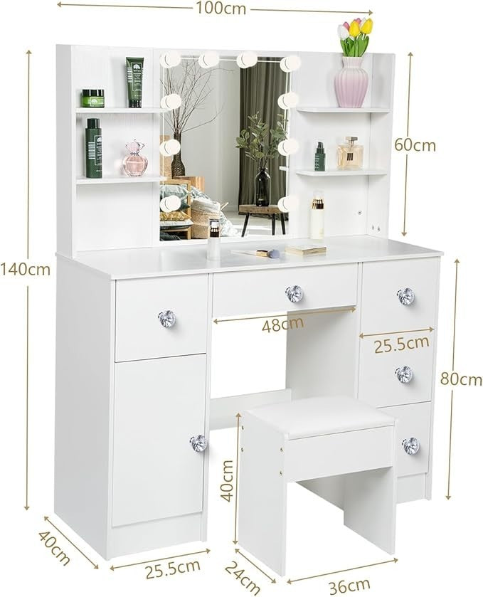 White Vanity Set Dressing Table Mirror LED Light 3 Drawers Storage Desk 140H