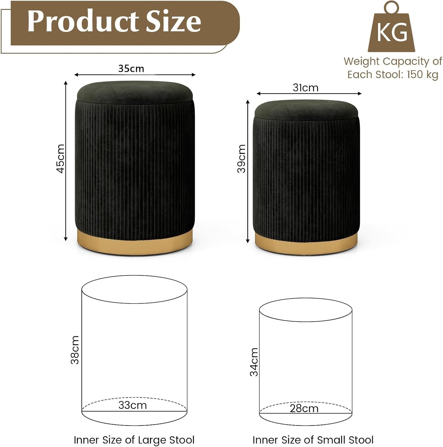 Black Velvet Nesting Footstools Set of 2 Storage Ottomans Round Gold Base