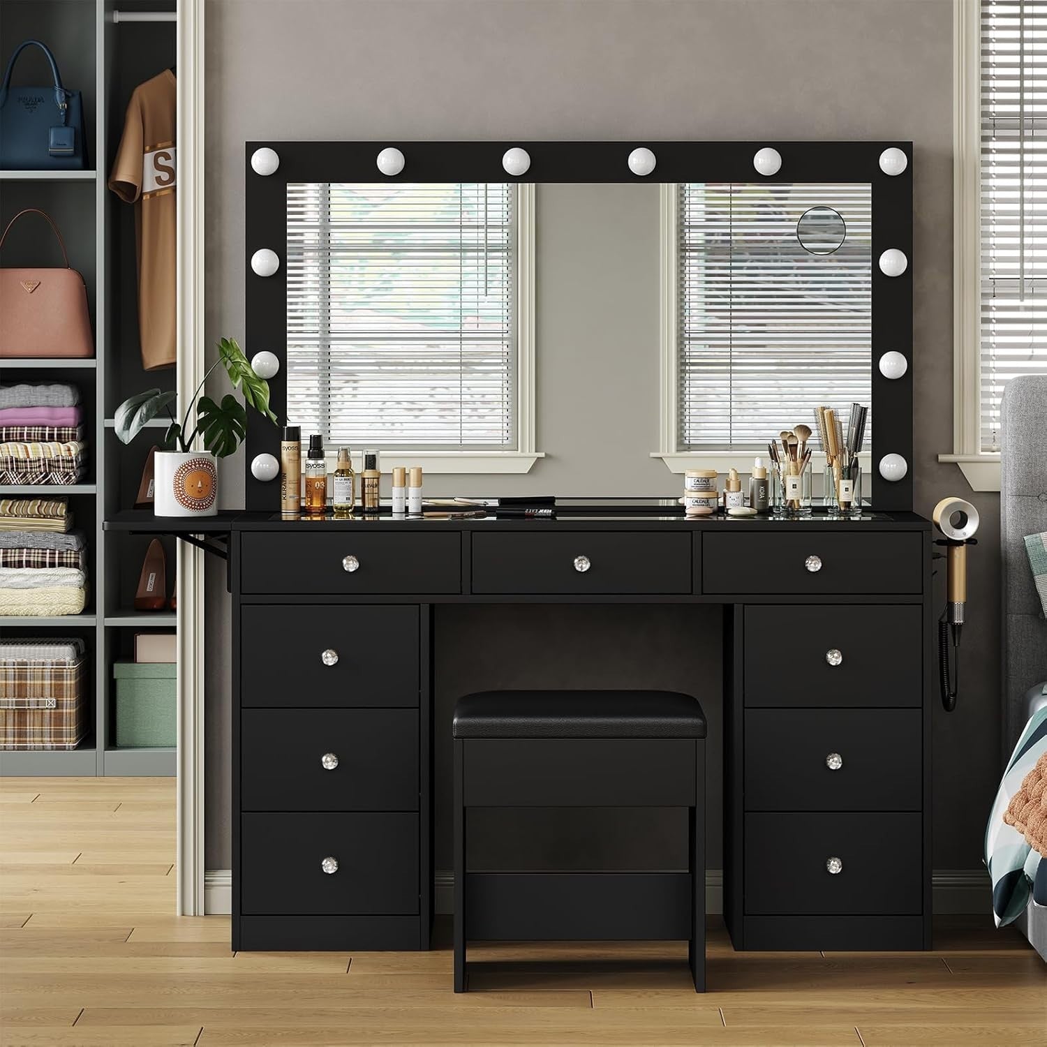 Black Makeup Vanity Desk Set, Hollywood Mirror, 9 Drawers, Lighted Dressing Tabl