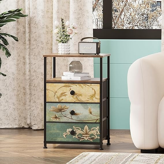 Vintage 3-Drawer Bedside Cabinet with Open Shelf, Metal Frame Storage Table