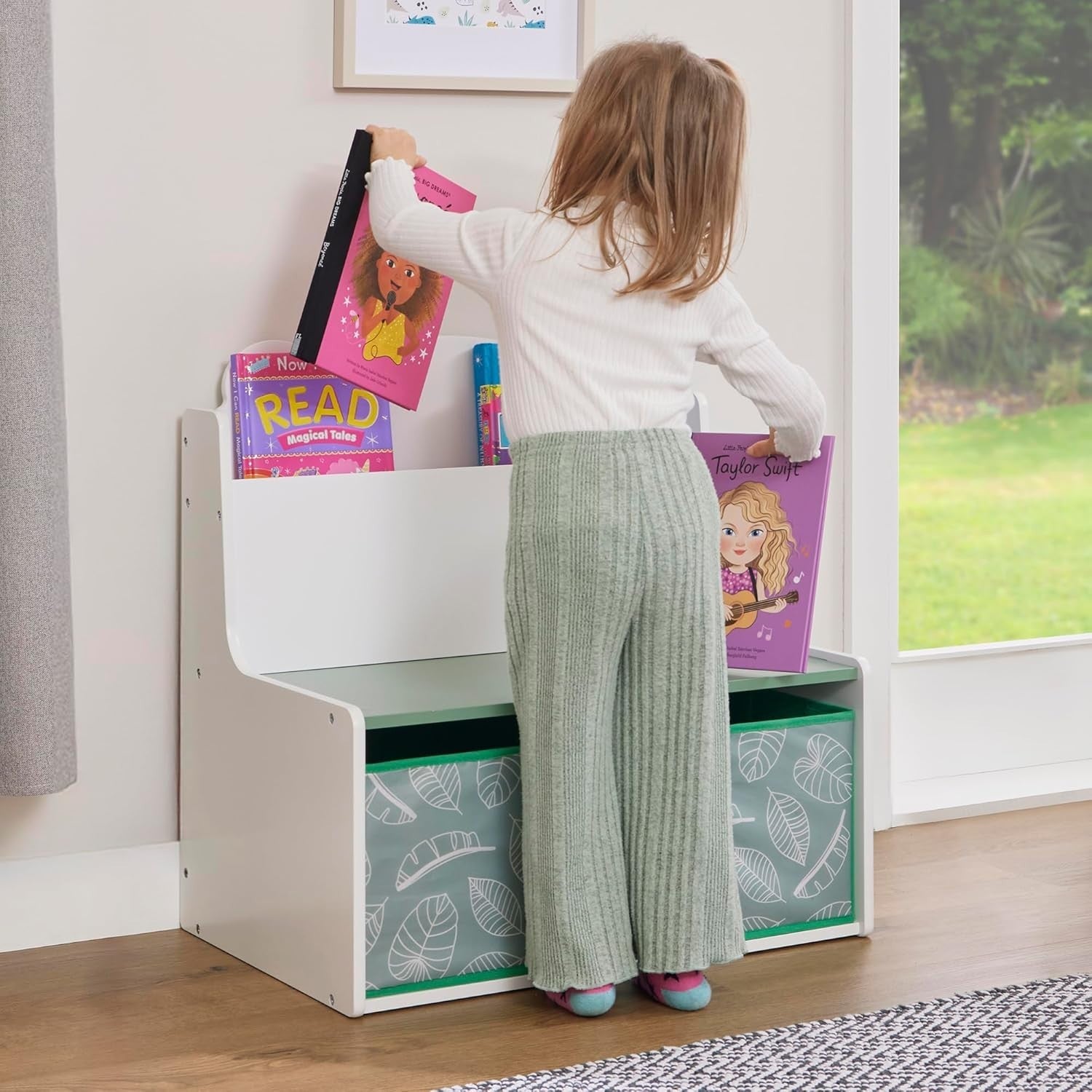 Kids Teddy Bear Bookcase with Seat &Storage Bins – H60xW61.5xD50cm