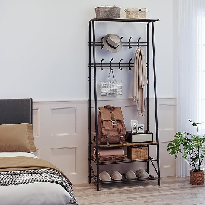 Rustic Brown 3-in-1 Coat Rack with Shoe Storage & 10 Hooks Hallway Stand